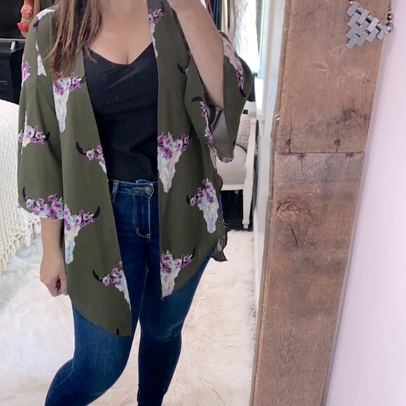 Peach Love green Texas longhorn floral print kimono size small - Picture 6 of 11